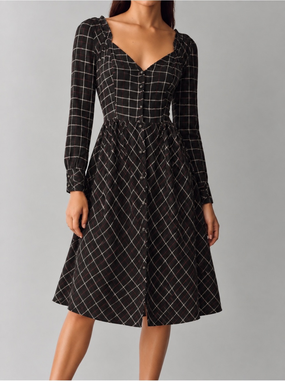 Akemi + Kin Anthropologie Black Plaid Wool Blend Button Front Dress 4P Petite